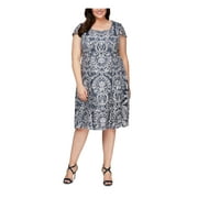 ALEX EVENINGS Womens Blue Stretch Zippered Embroidered Tulle Fitted Partially Lined Printed Cap Sleeve Scoop Neck Knee Length Formal Sheath Dress Plus 20W